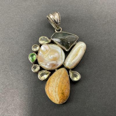 -40- SILVER | 925 Sterling Necklace Pendant With Polished Stones & Pearl