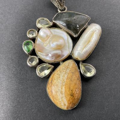 -40- SILVER | 925 Sterling Necklace Pendant With Polished Stones & Pearl