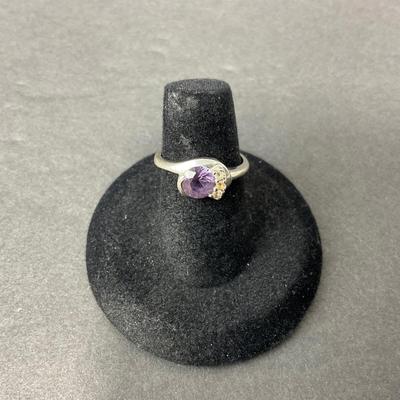 -62- GOLD | 10K Ring & Purple Stone With Diamond Chips Ring | Marked