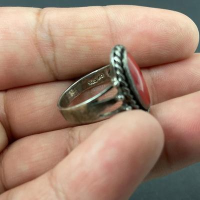 -64- SILVER | Red Polished Stone & Sterling Silver Rings | Marked