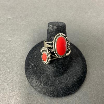 -64- SILVER | Red Polished Stone & Sterling Silver Rings | Marked