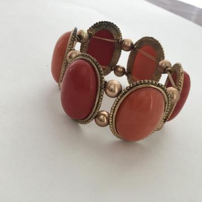 Gold tone red and orange stretchy fashion bracelet