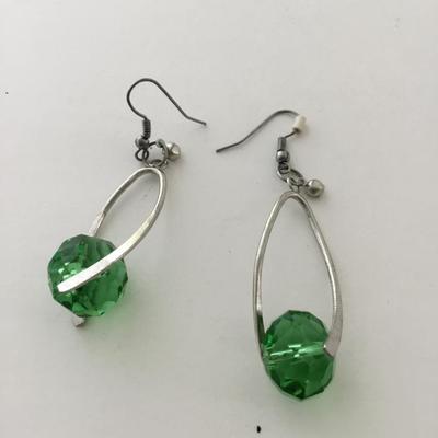 Silver tone green beaded dangle earrings