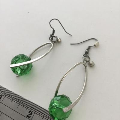 Silver tone green beaded dangle earrings