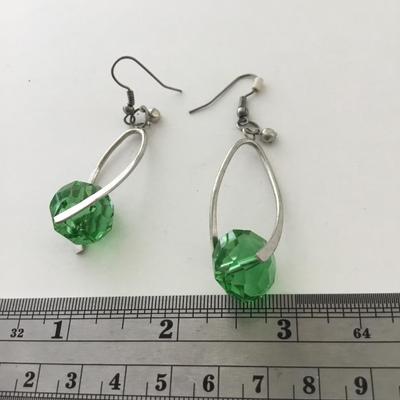 Silver tone green beaded dangle earrings