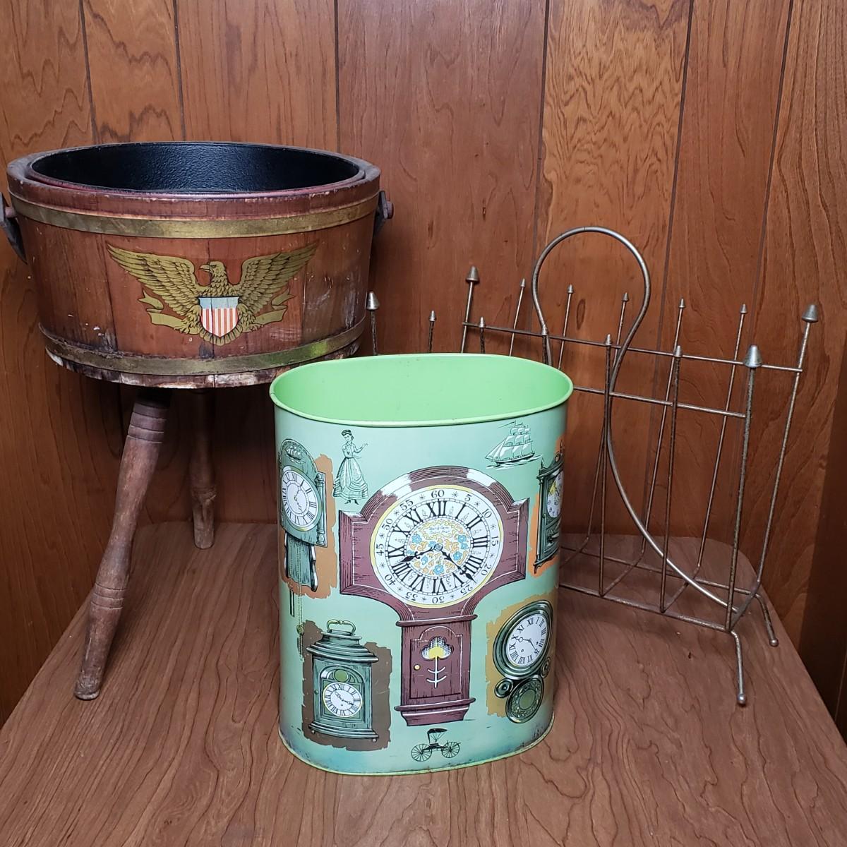 LOT 129L: MCM Decor; Magazine Rack, Wastebasket, Americana Bucket ...