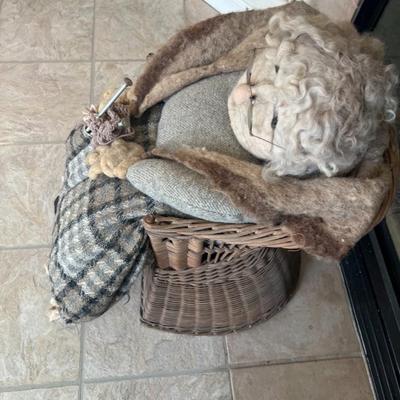 Handmade Knitting Grandma sitting on antique kids wicker potty chair