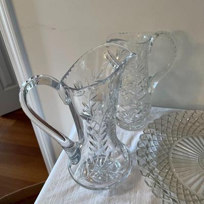 Clear Glass Pitcher, Cake Plate and Platter (DR)