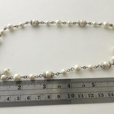 Silver tone white beaded collar necklace