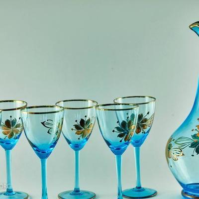 Beyond Beautiful "Soft Sea" Blue and Gold Leaf Hollywood Regency Glassware