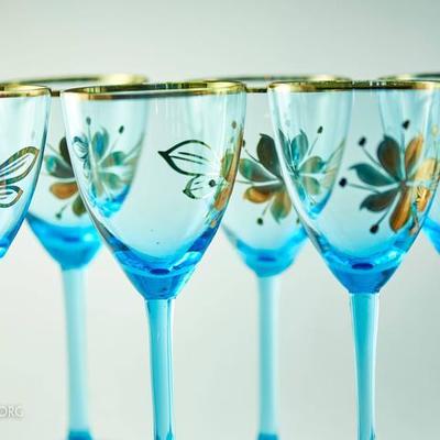 Beyond Beautiful "Soft Sea" Blue and Gold Leaf Hollywood Regency Glassware