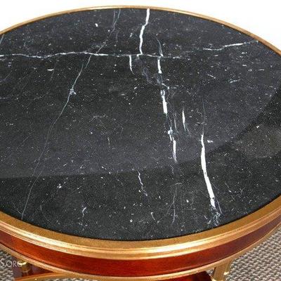 Pair of Jansen Style Marble-Top Bamboo Form End/ Bouillotte Tables