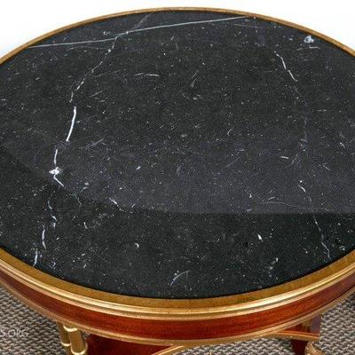 Pair of Jansen Style Marble-Top Bamboo Form End/ Bouillotte Tables