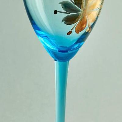 Beyond Beautiful "Soft Sea" Blue and Gold Leaf Hollywood Regency Glassware
