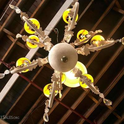 French Eight Arm Brass and Wood Chandelier