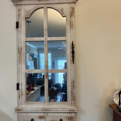 Distressed White Farmhouse Wooden Window Pane Mirror Wall Hanging with Two Faux Drawers and Coat Hooks