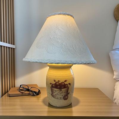 Folk Art Pottery Table Lamp with a Basket of Apples Design on the Base