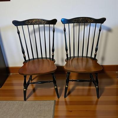 Pair L. Hitchcock Dining Chairs Black and Tan with Gold leaf Stenciling