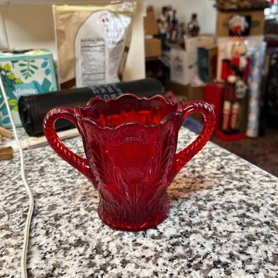 Mosser Red Inverted Thistle Glass Sugar Bowl with Double Handles