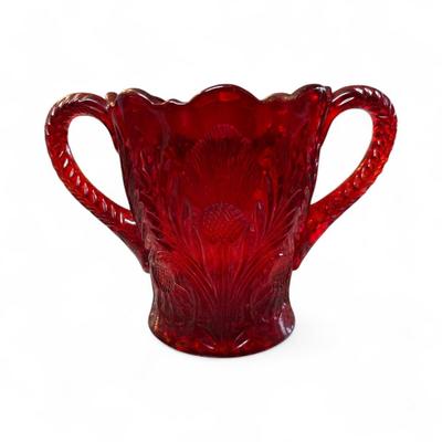 Mosser Red Inverted Thistle Glass Sugar Bowl with Double Handles