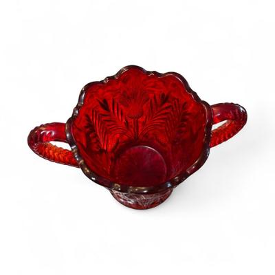 Mosser Red Inverted Thistle Glass Sugar Bowl with Double Handles