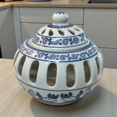 Bombay Company Blue and White Potpourri Jar with Reticulated cut out design