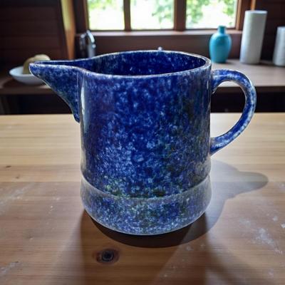 Vintage Blue Stoneware Pitcher Likely from Stangi Pottery