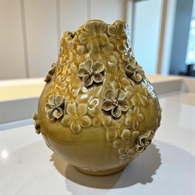 Benjara Remi Yellow Ceramic Round Decorative Flower Vase