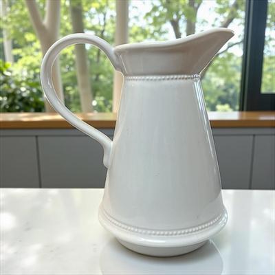 White Glazed Pitcher With Large Hand and beaded bands around the neck and base