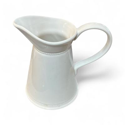 White Glazed Pitcher With Large Hand and beaded bands around the neck and base