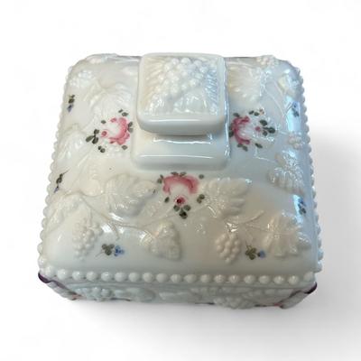 Westmoreland Milk Glass Covered Candy Dish in the Paneled Grape pattern and hand painted roses