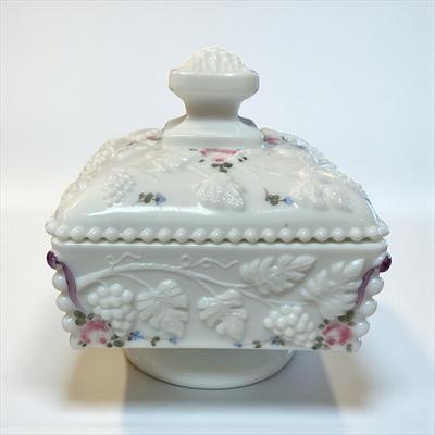 Westmoreland Milk Glass Covered Candy Dish in the Paneled Grape pattern and hand painted roses