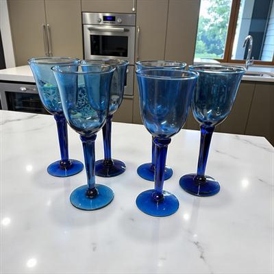 Set of 6 Cobalt Blue Stemmed Wine Glasses