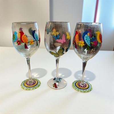 Set of 3 Hand Painted Balloon Wine Glasses