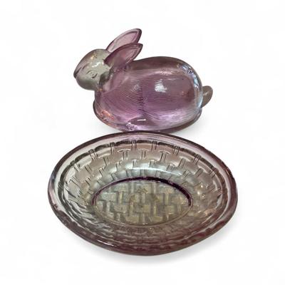 Vintage L.E. Smith Pink Glass Bunny Rabbit on Nest Candy Dish