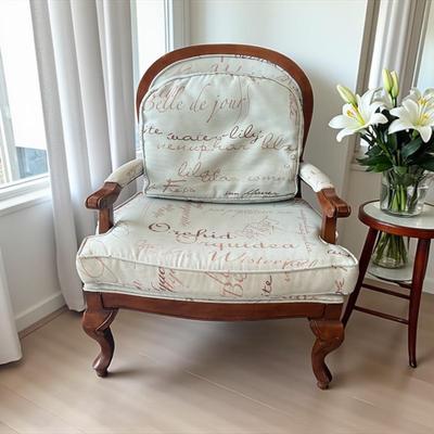Louis XV Style Bergere Armchair with Cabriole Legs and a Script patterned fabric