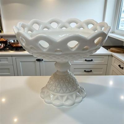 Vintage Imperial Glass Company Milk Glass Compote with Lace Edge and Diamond Point Pattern