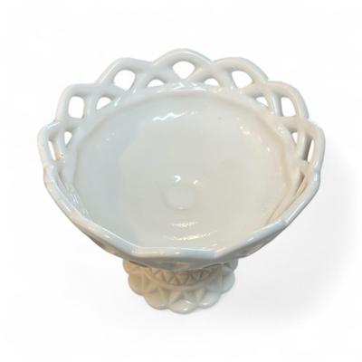 Vintage Imperial Glass Company Milk Glass Compote with Lace Edge and Diamond Point Pattern