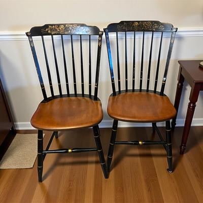 Pair L. Hitchcock Dining Chairs Black and Tan with Gold leaf Stenciling