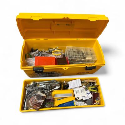 Yellow Plastic Toolbox and assorted tools and screws