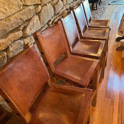 Rustic Barstools with Wood Frame and Leather Seating Surface Lot Of 5