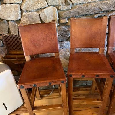 Rustic Barstools with Wood Frame and Leather Seating Surface Lot Of 5