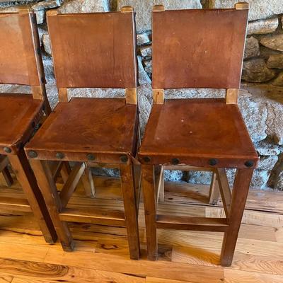 Rustic Barstools with Wood Frame and Leather Seating Surface Lot Of 5