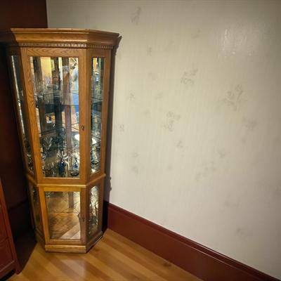 Lighted Corner Curio Cabinet With Glass Shelves and Two Front Doors
