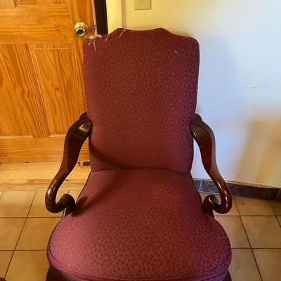 Queen Anne Style Armchair with Cabriole Legs and Burgundy Upholstered Seat and Back.