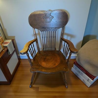 Antique Oak Rocking Chair with a Pressed Back and Leather seating Surface