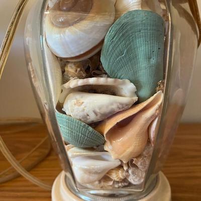 Pair Clear Glass Ginger Jar Lamps filled with sea shells