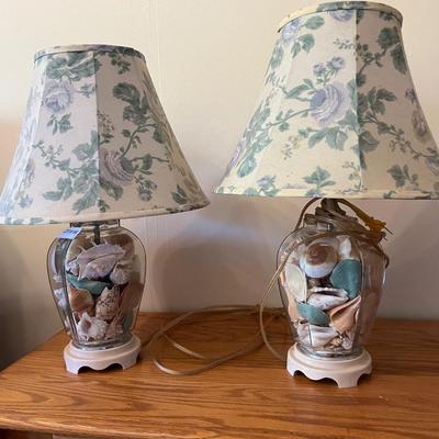 Pair Clear Glass Ginger Jar Lamps filled with sea shells