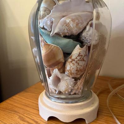 Pair Clear Glass Ginger Jar Lamps filled with sea shells