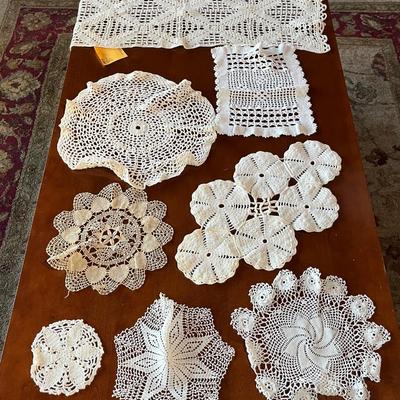 Collection Of Hand Crocheted Doilies and Table Runners